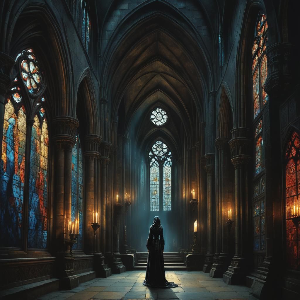 Gothic Cathedral Interior with Ornate Woman