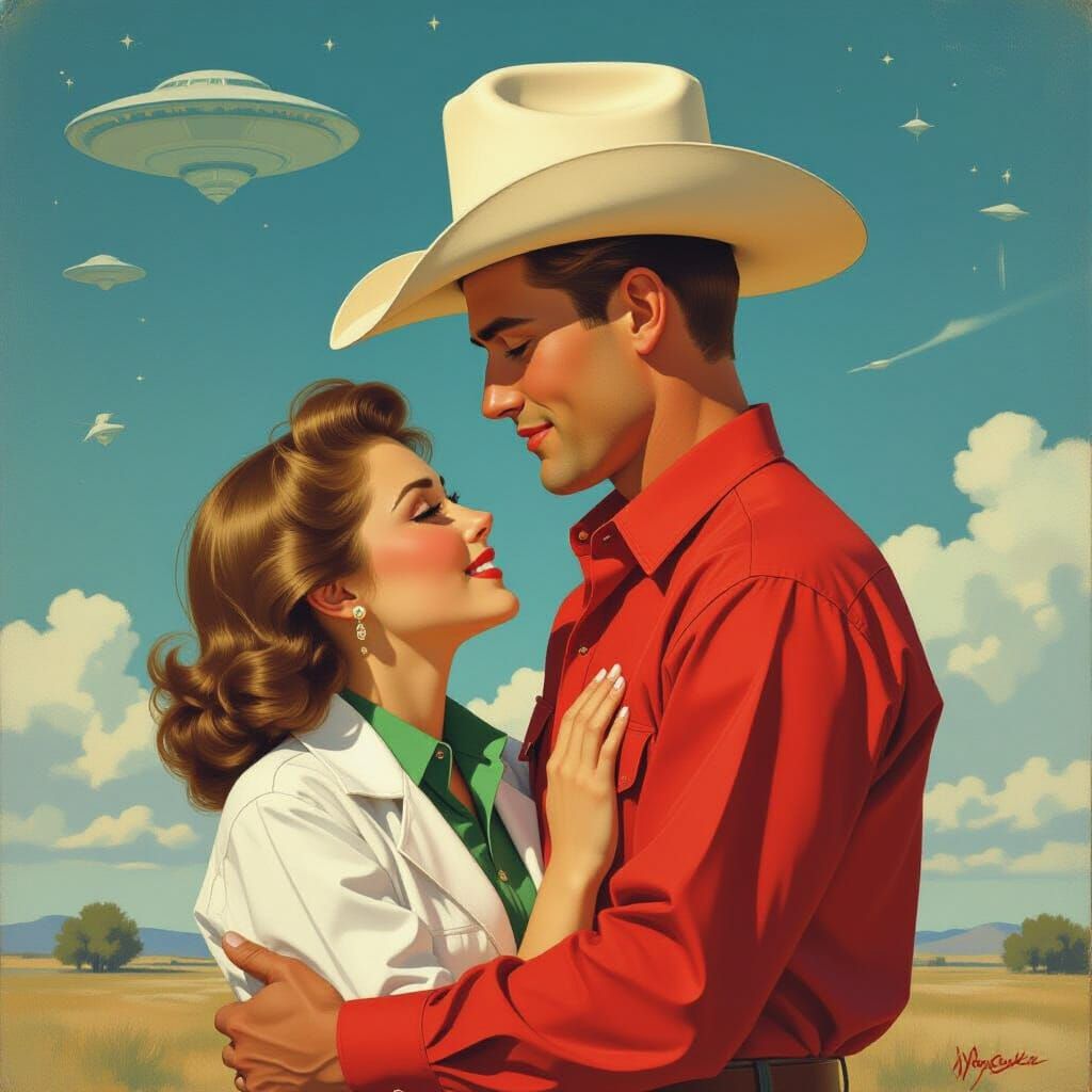 Impressionistic Cowboy Embrace Under Alien Sky