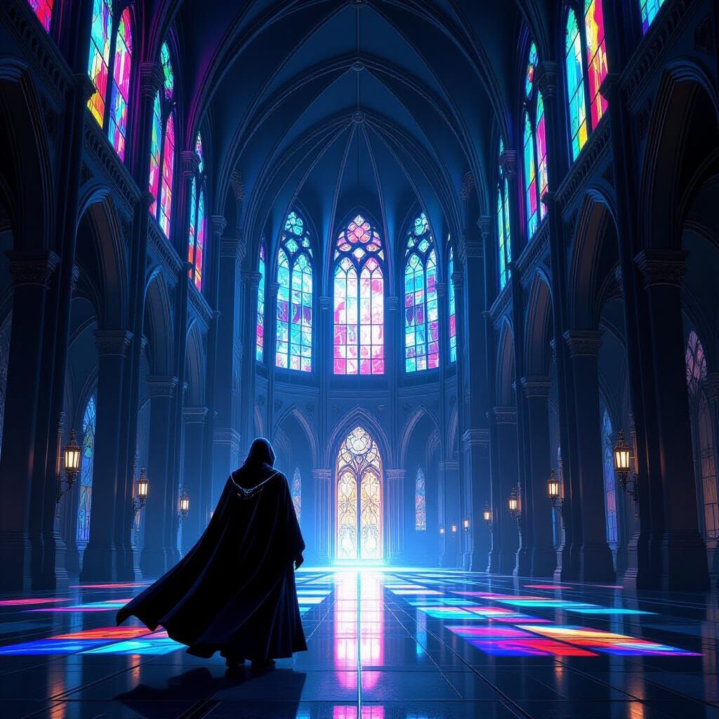 Gothic Biomechanical Cathedral With Cosmic Stained Glass