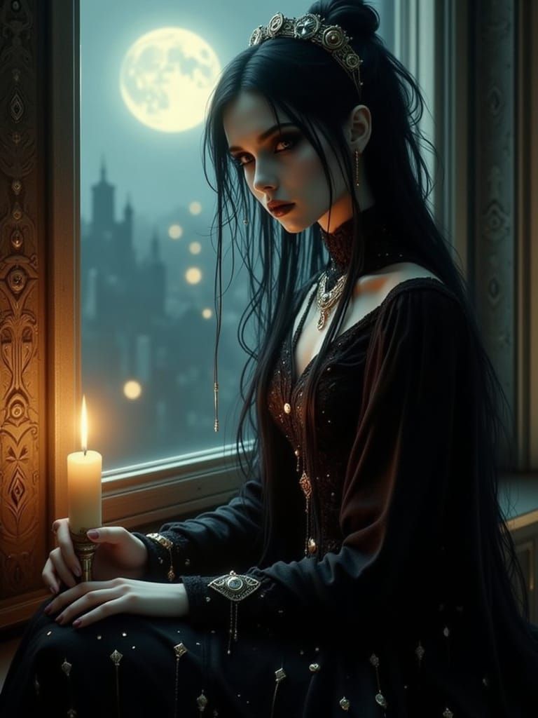 <Animated:1.3><anime:1.3>, Portrait of a somber twighlight Steampunk Gothic style Princess tied up long black hair, pale...