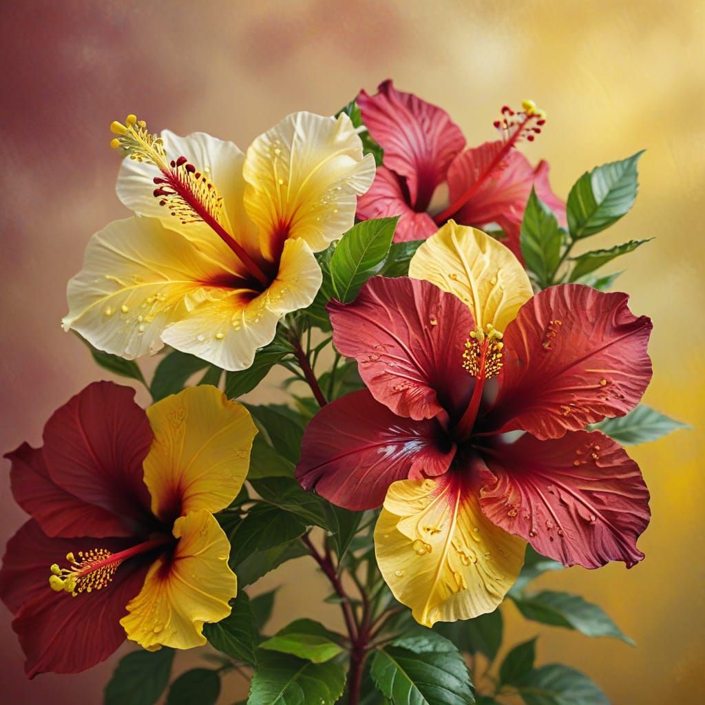 Burgundy Hibiscus in Digital Pointillism Style