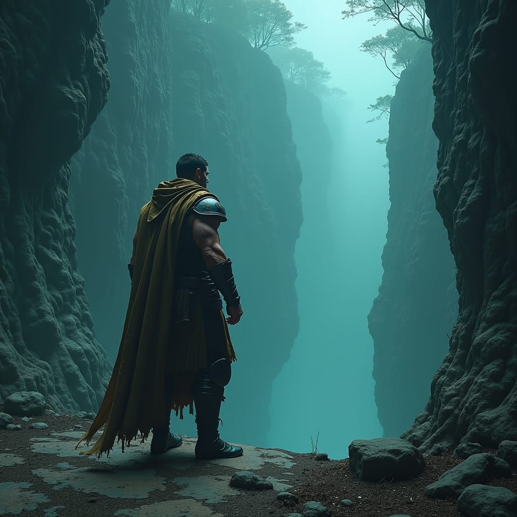 Armored Gladiator at Edge of Misty Crevasse