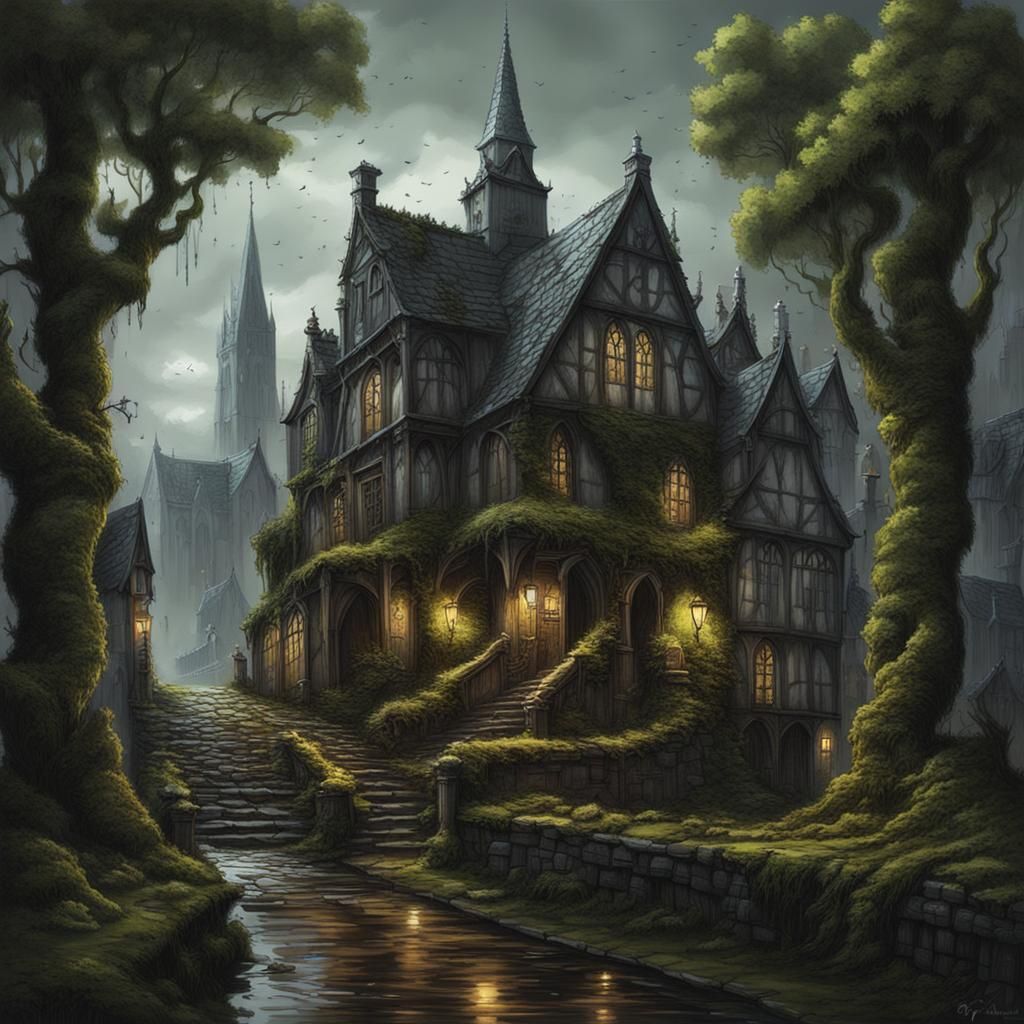 Rainy Gothic Town with Moss and Ivy