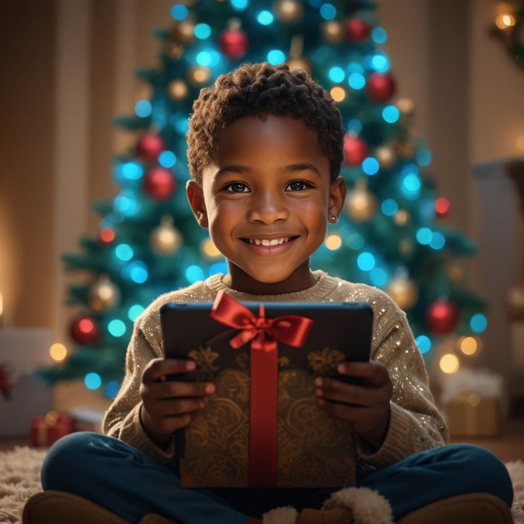 Child with Tablet and Christmas Gift, Digital Art