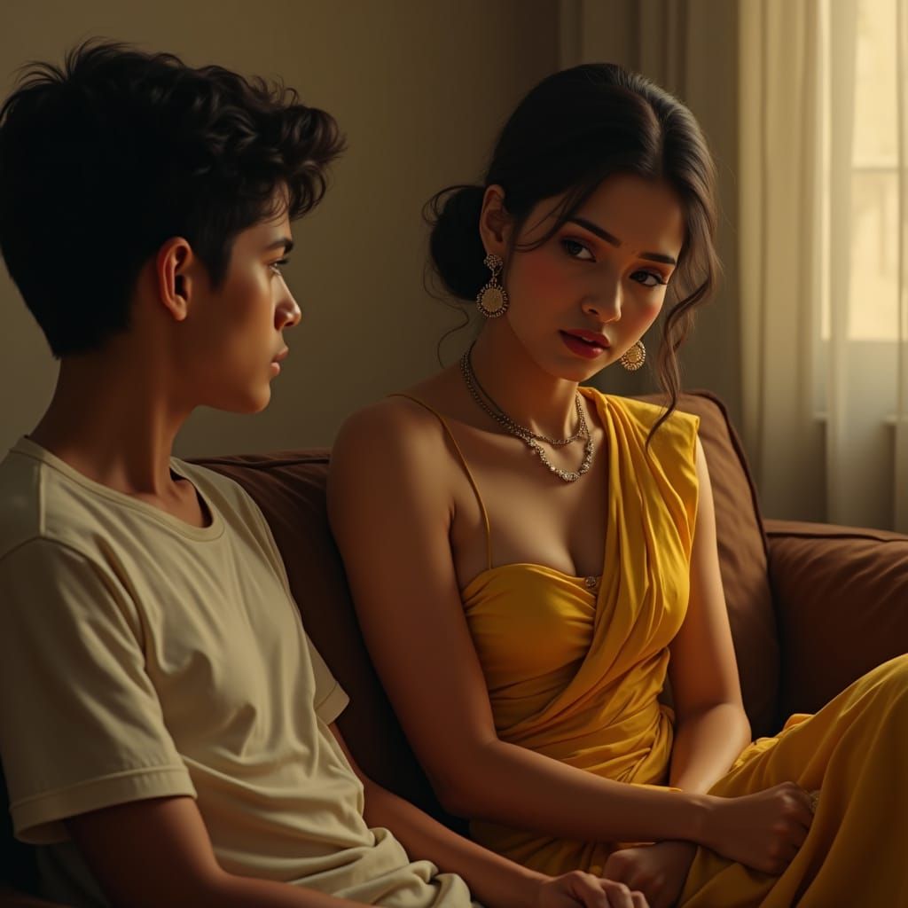 Indian Woman in Yellow Silk Dress in Conversation