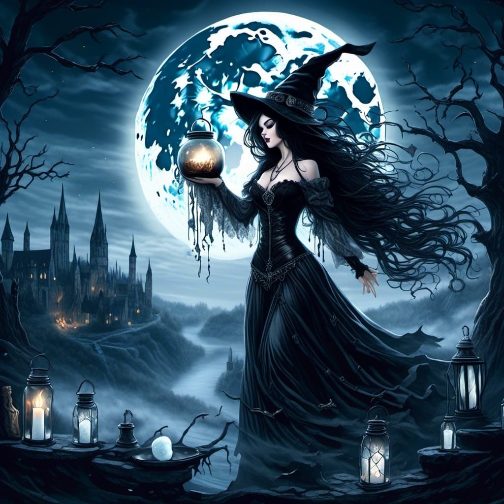 Eerie Gothic Witch Casting Spells Under Full Moon