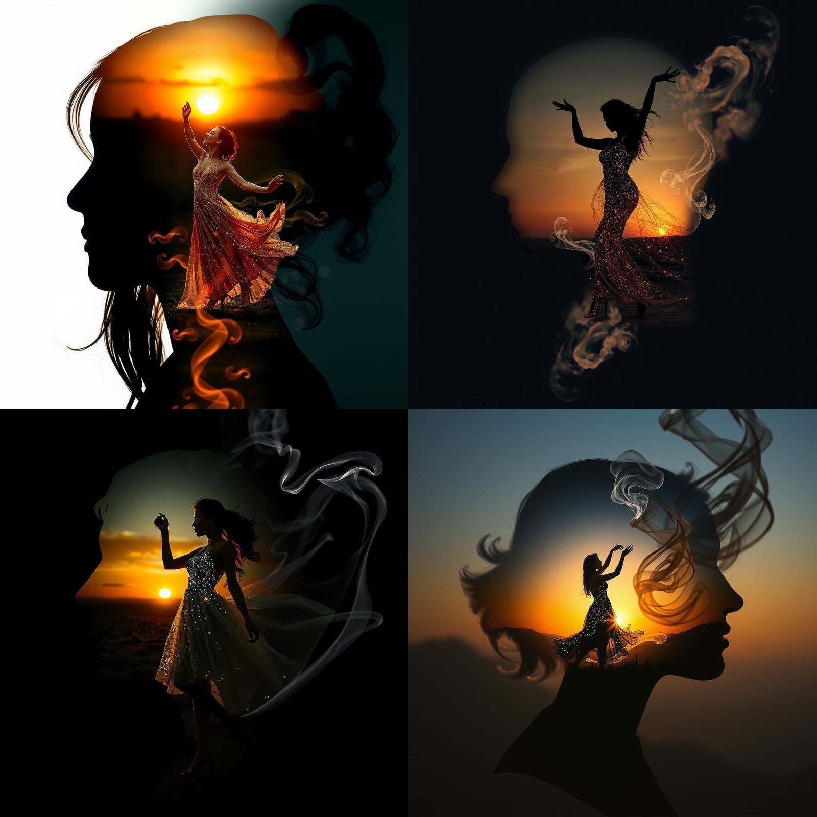 Woman in Stardust Dress Silhouette Double Exposure