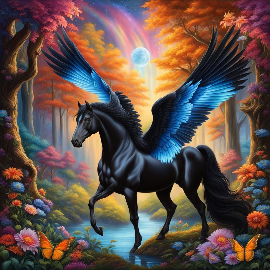 Black Pegasus in Mystical Forest, Art Nouveau Style
