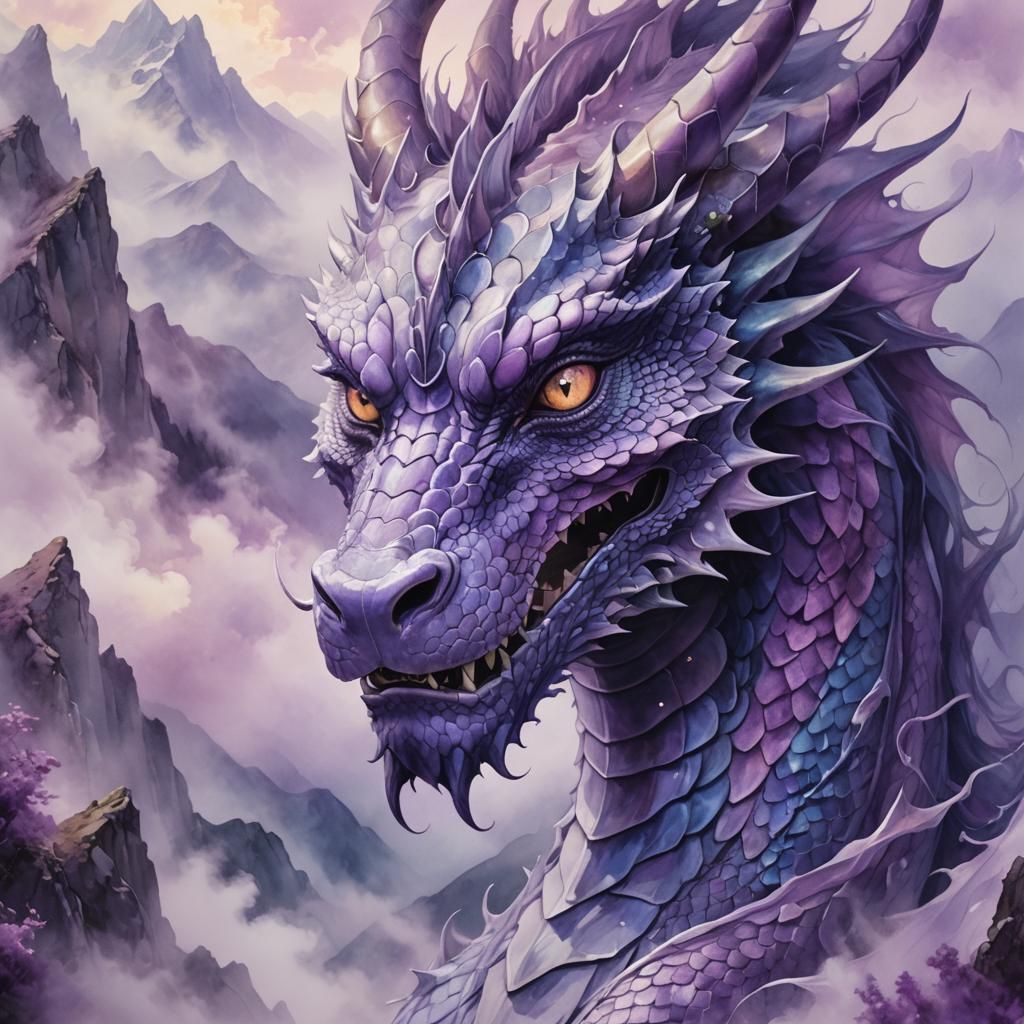 Ethereal Purple Dragon in Misty Valley: Surreal Portrait