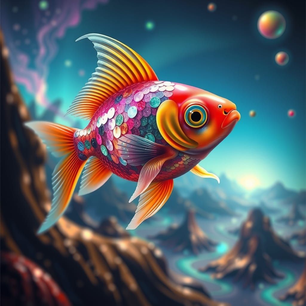 Iridescent Goldfish in Surrealist Dreamscape
