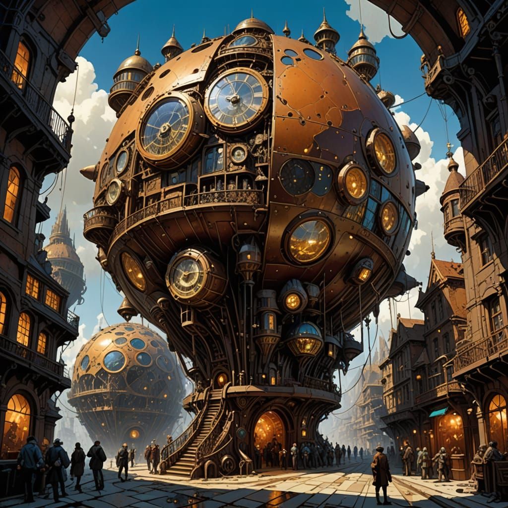 Steampunk Geode City with Dirigibles and Art Deco Style
