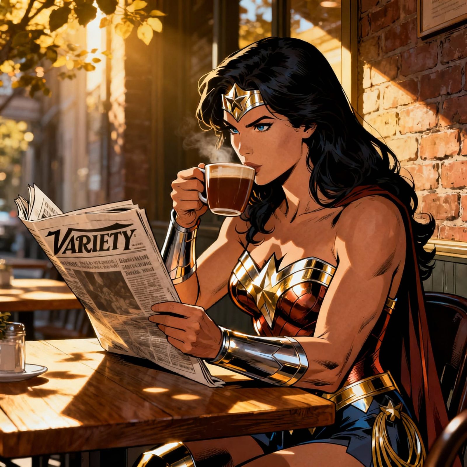 Wonder Woman Enjoys Coffee While Reading Variety Newspaper