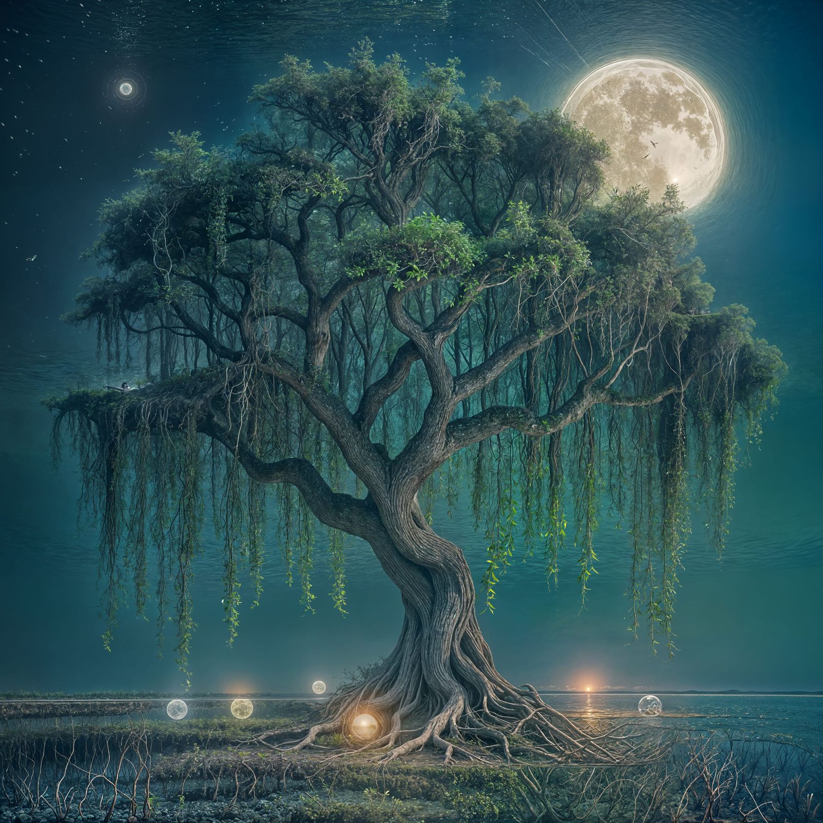 Weeping Willow with Chakras and Harvest Moon