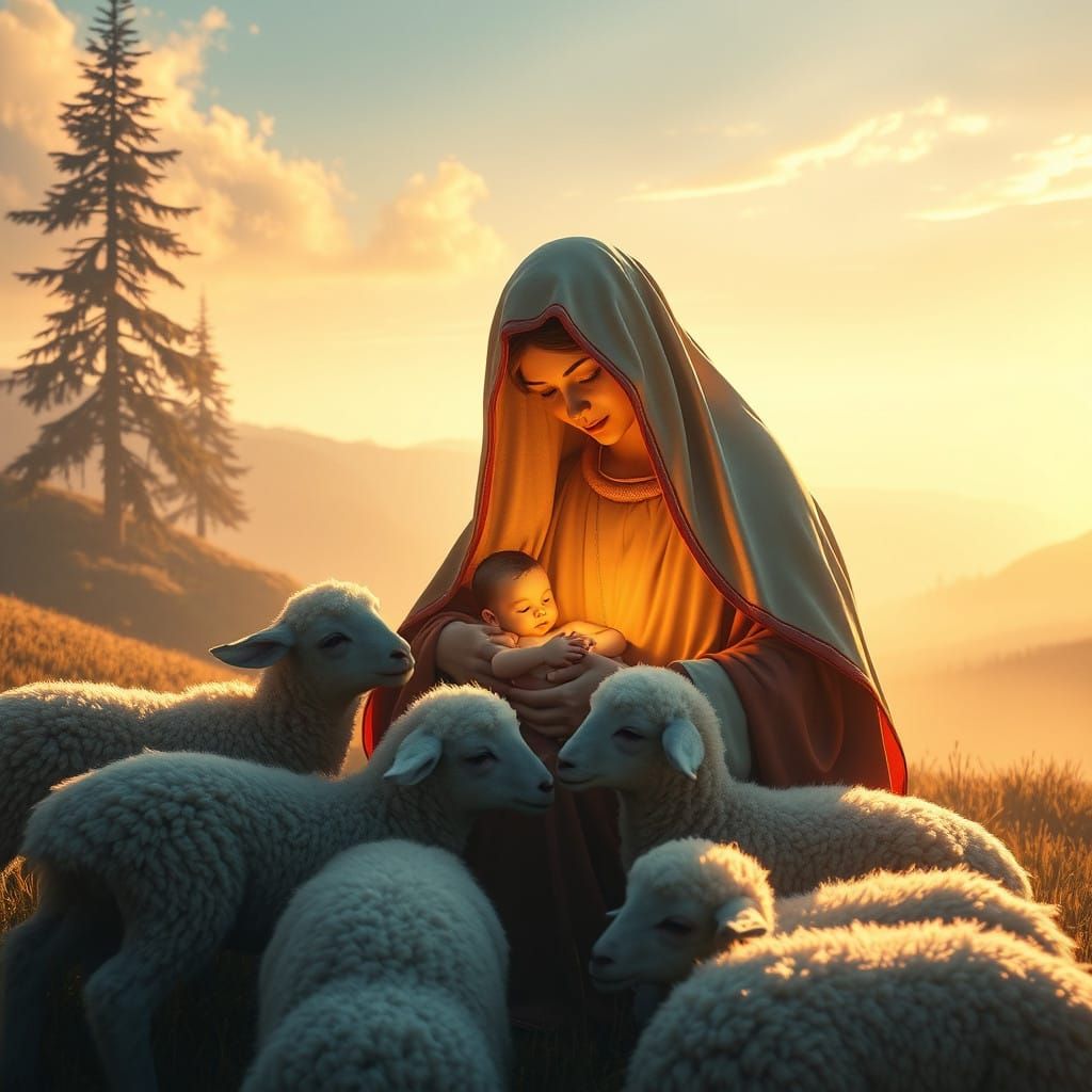 Gentle Morning with Baby Jesus and Mary Surrounded by Lambs