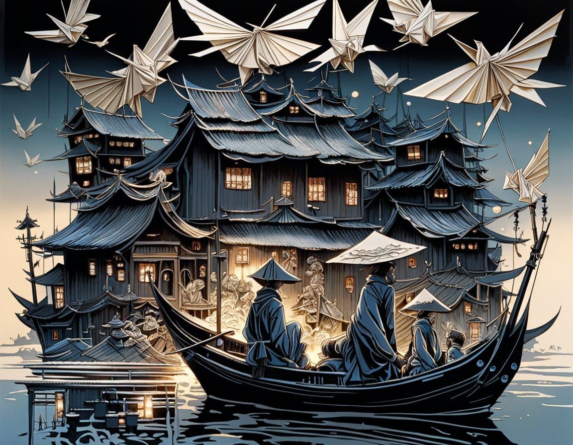 Origami Figures and Cranes in Japanese Village