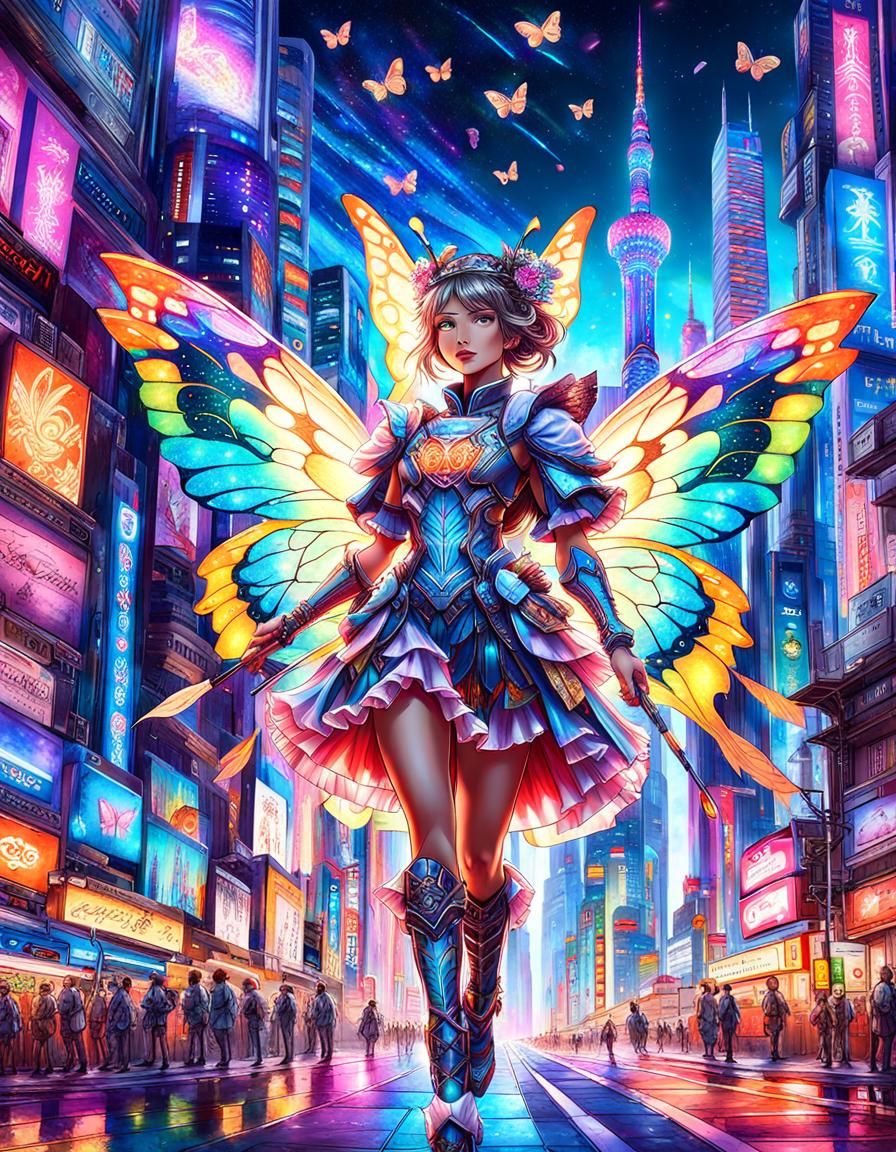 Semi-Realistic Magical Girl Glows in Vibrant Neon Metropolis