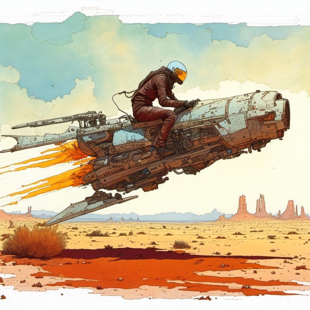 Moebius Style Hoverbike in Desert Landscape