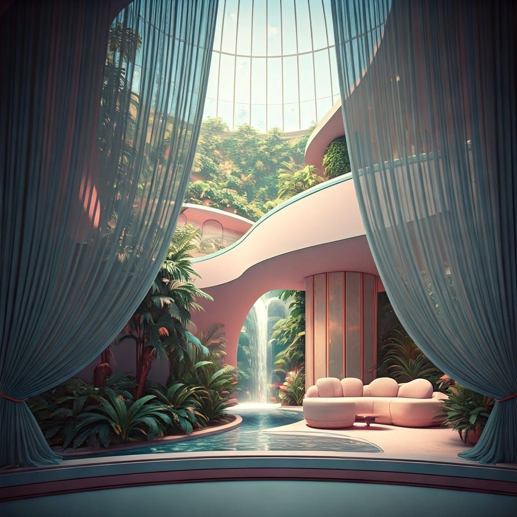 Space Age Living Room with Waterfall in Pastel Hues