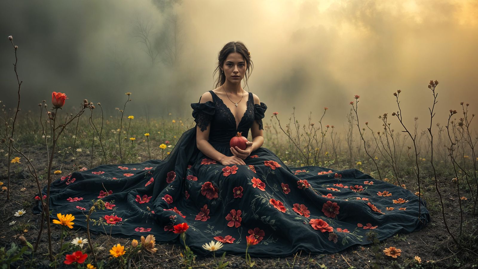 Persephone, Queen of the Underworld in Autumn Meadow