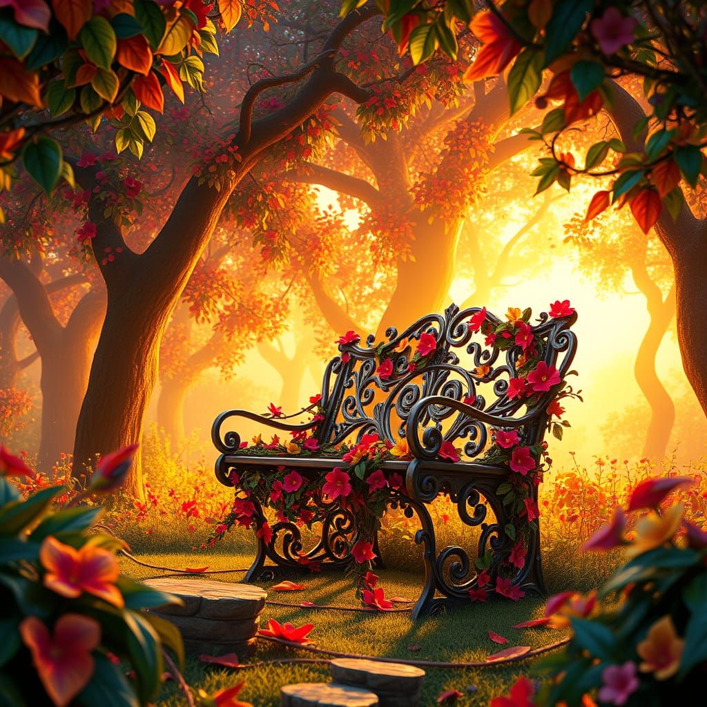 Whimsical Sunset Forest with Magical Bench and Blooming Flow...