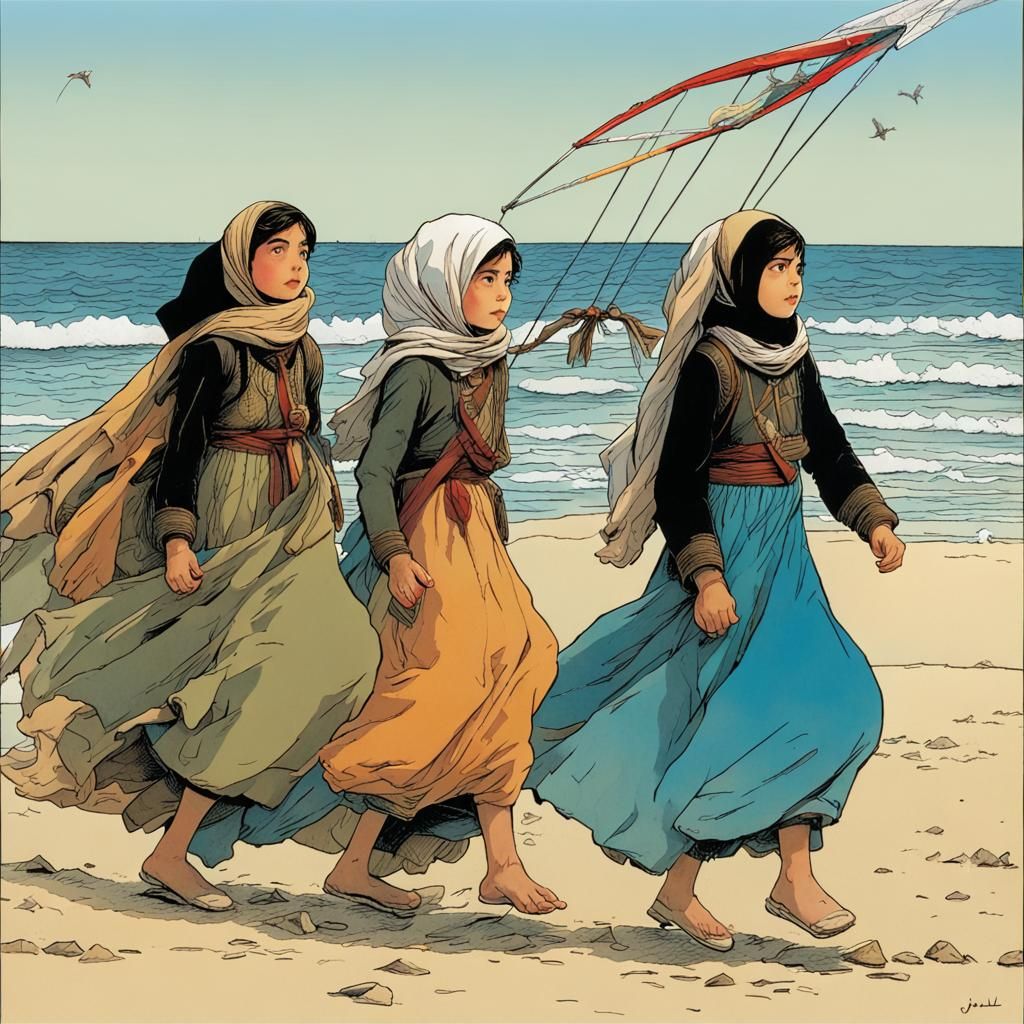 Children Fly Kites on Gaza Beach, Animated Style