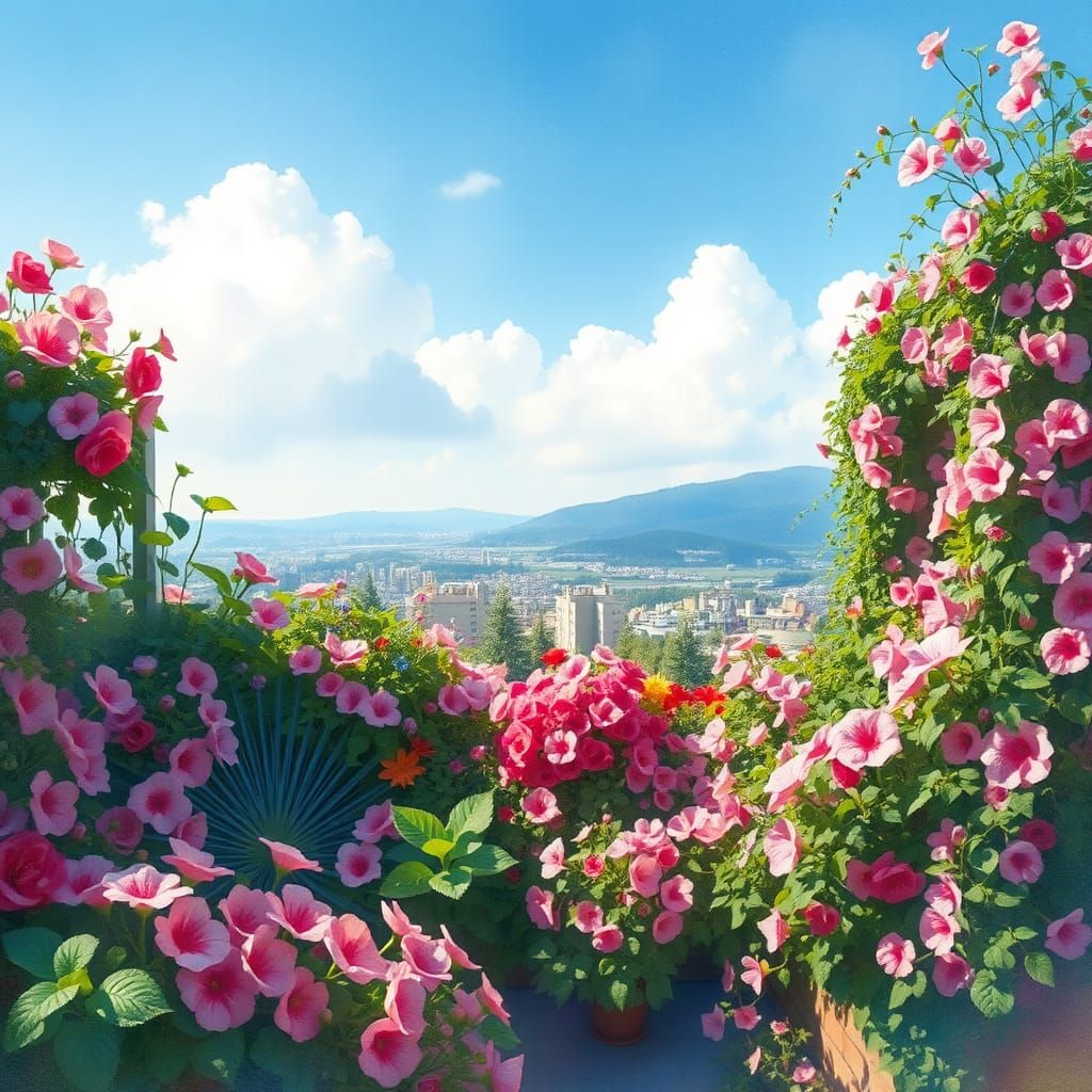 Lush Rooftop Garden in Splashy Watercolor Style