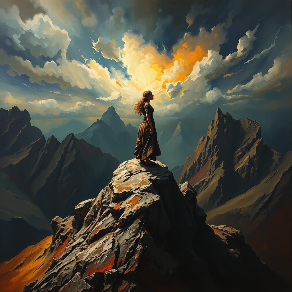 Woman on Mountain Summit in Bosch and Kokoschka Style Oil Pa...