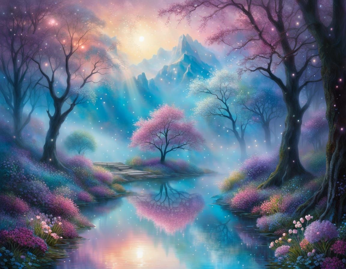 Dreamy Fairy Tree with Mirror Lake at Sunset