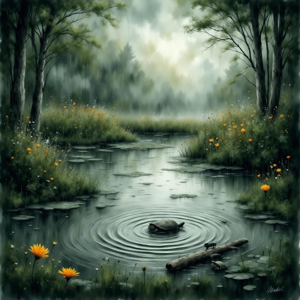 Sunlit Forest Pond After Gentle Rain