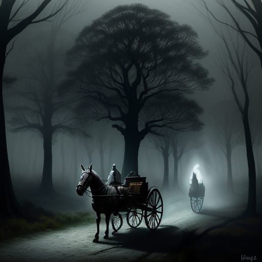 Mysterious Carriage Pulled by Ghostly Horses in Moonlit Fore...