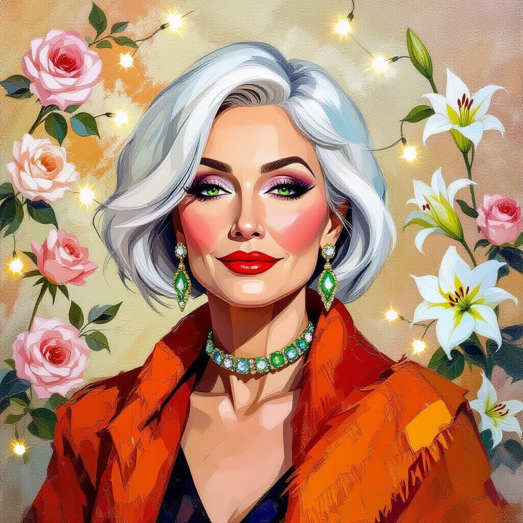 Post-Impressionist Oil Painting of Alluring Older Woman with...