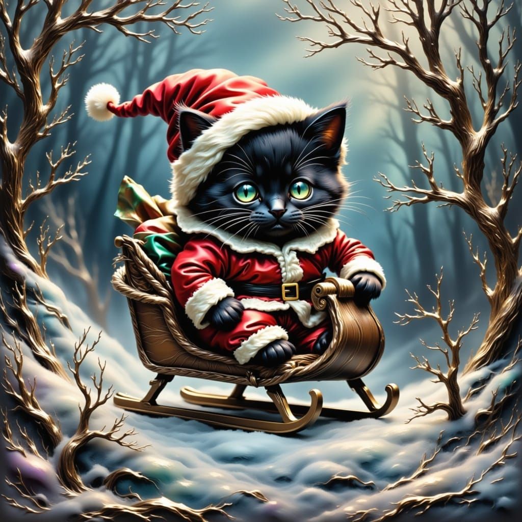 Whimsical Chibi Santa Cat Embossed Print on Forest Hill