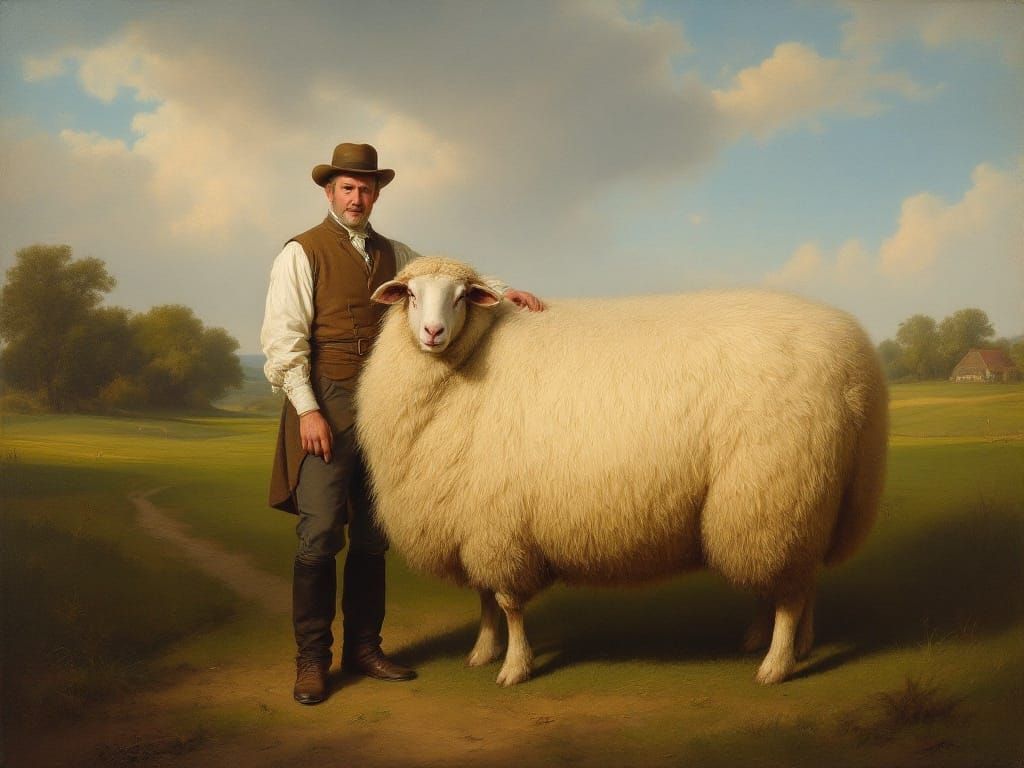 A British Farmer Admires a Majestic Sheep in a 19th-Century...