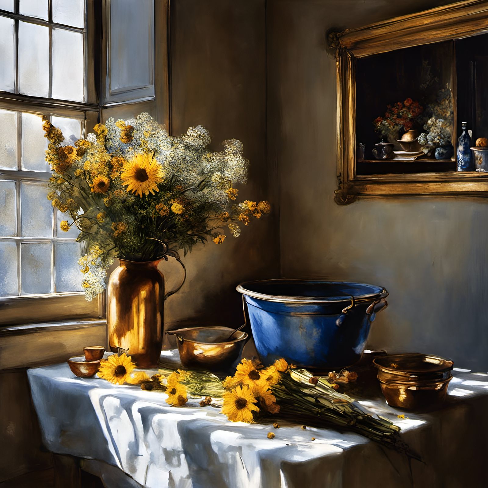 Floral Still Life in Style of Vermeer and Pollock