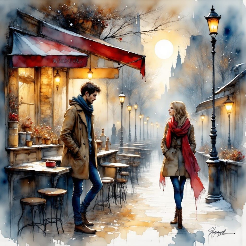 Man in Montmartre Cafe, Snowfall at Dusk