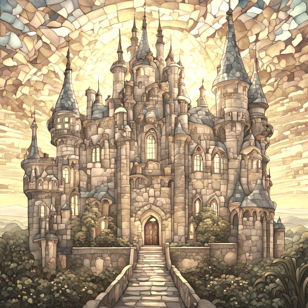Colorful Art Nouveau Castle in Watercolor Style