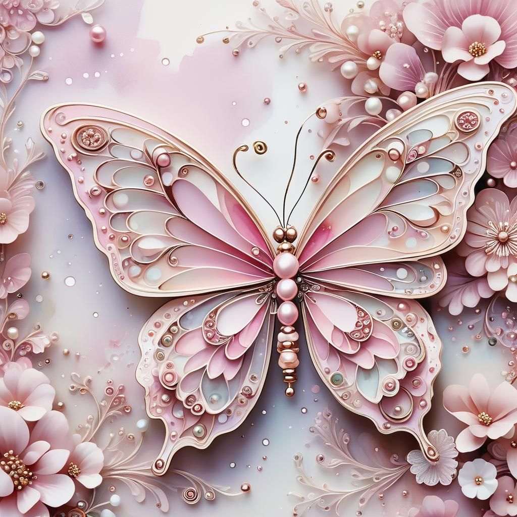 Pink Pearl Butterfly: Klimt-Inspired Watercolour Illustratio...