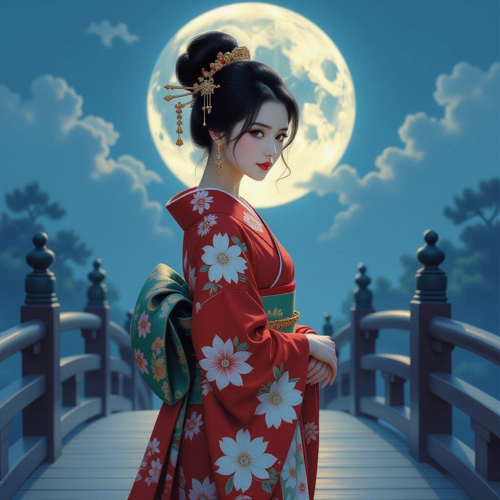 Oriental Woman on Moonlit Bridge in Kimono