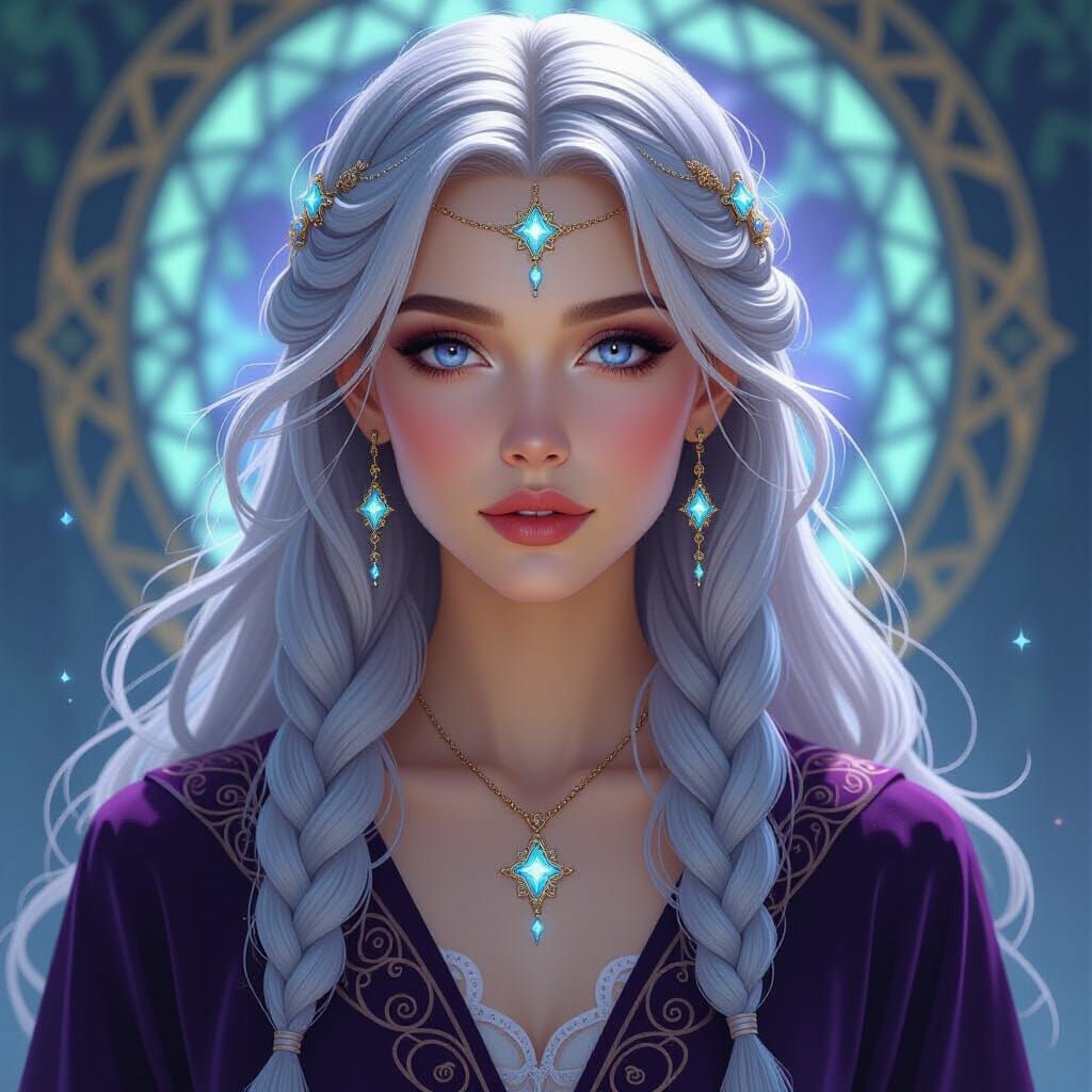 Beautiful Wizard Close Up with Silver Hair and Celestial Cha...
