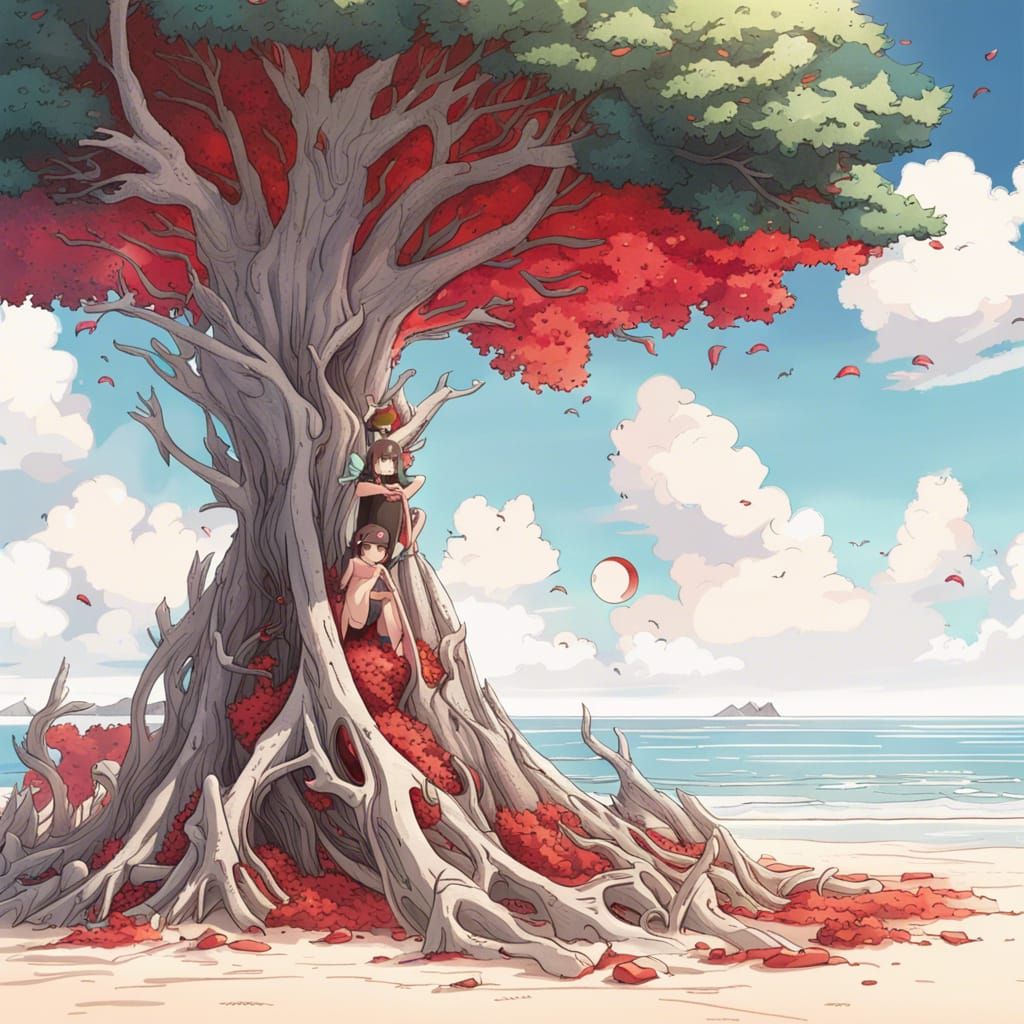 Red Tree Growing From Dragon Bones: Anime Style