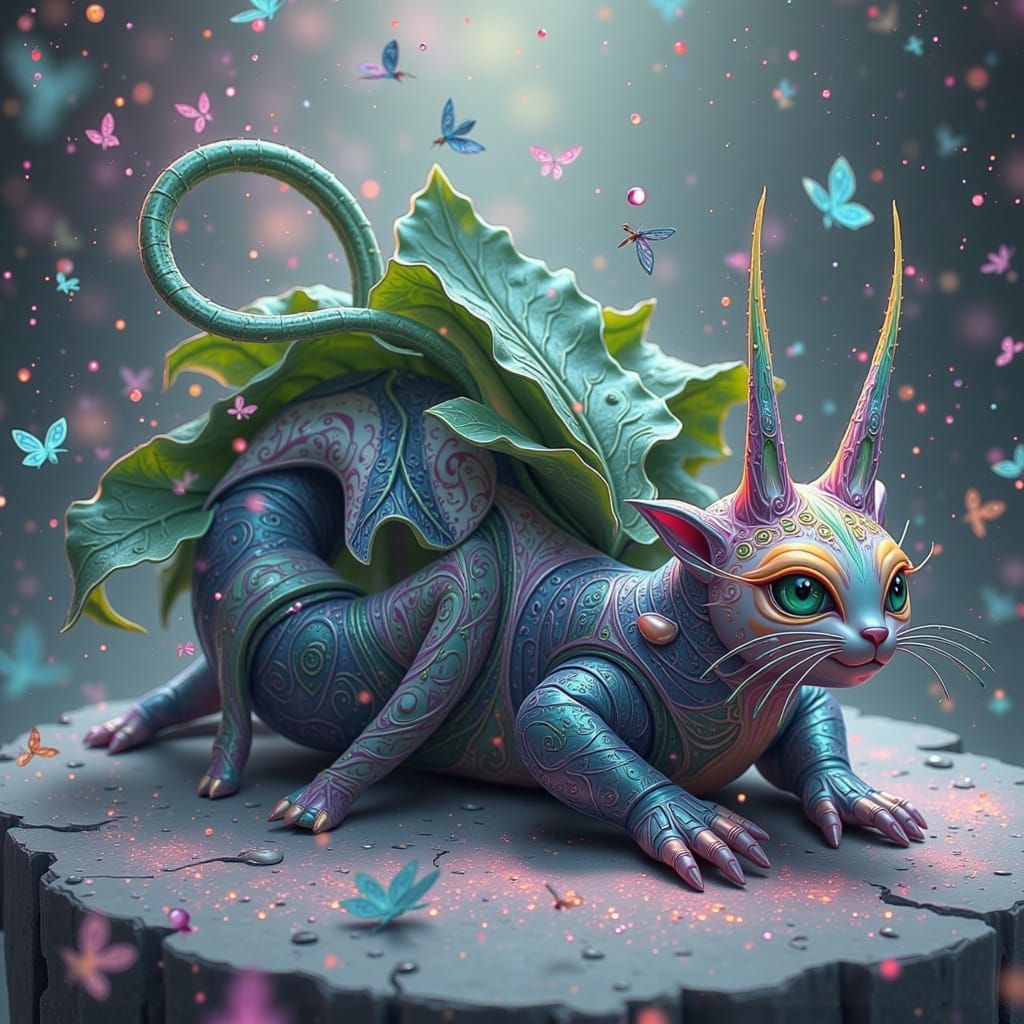Surreal Cat-Slug Hybrid with Spinach in Dreamcore Style