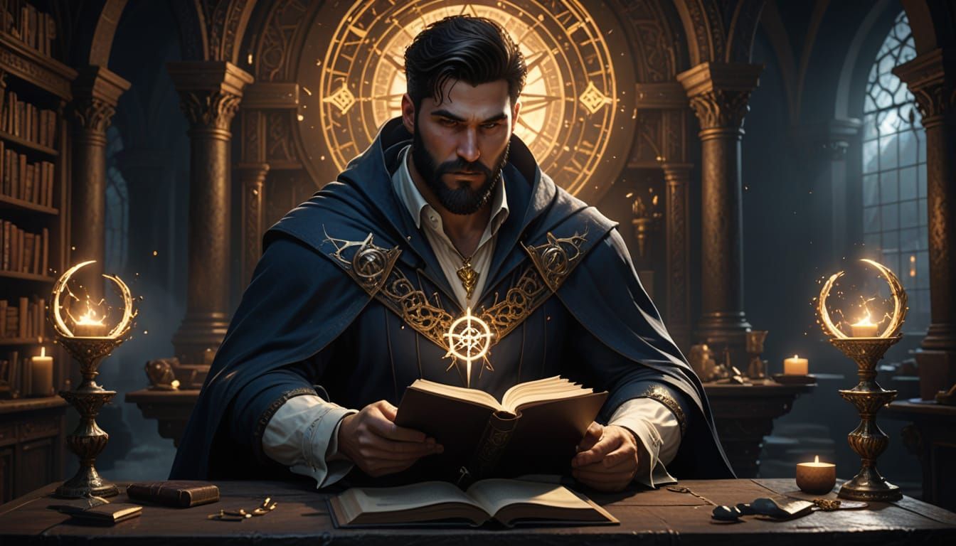 Mystical Man Reads Glowing Book in Fantasy Art Style