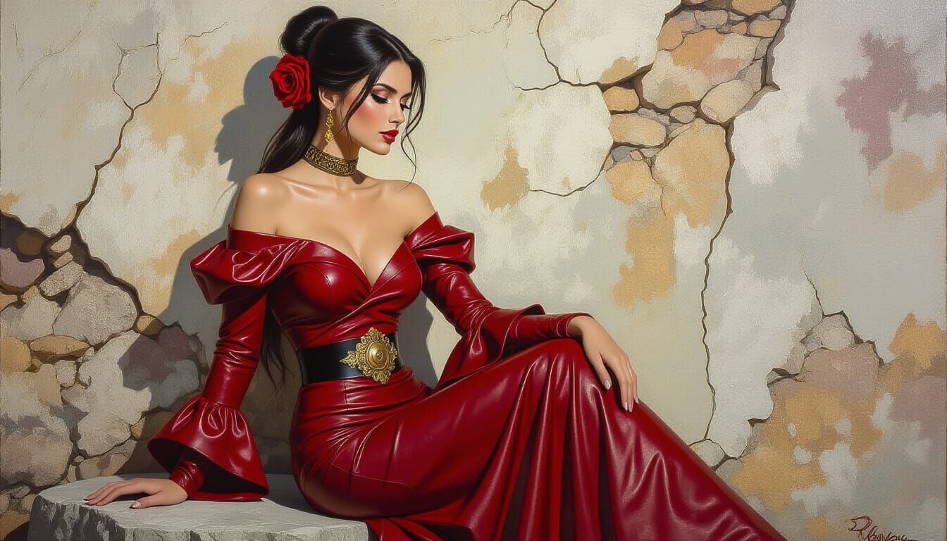 Woman in Red Leather Gown, Gouache Oil Painting