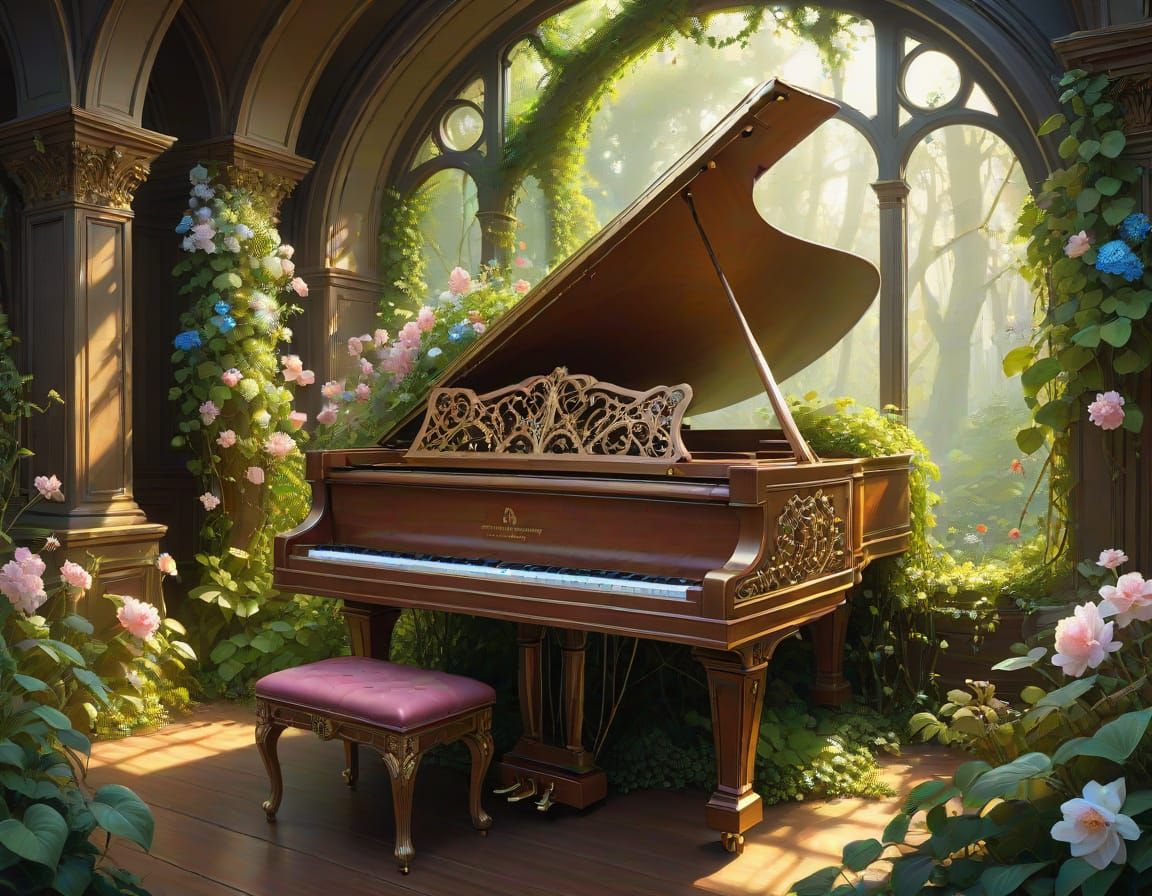 Lush Garden Growing Inside Grand Piano, Alphonse Mucha Style