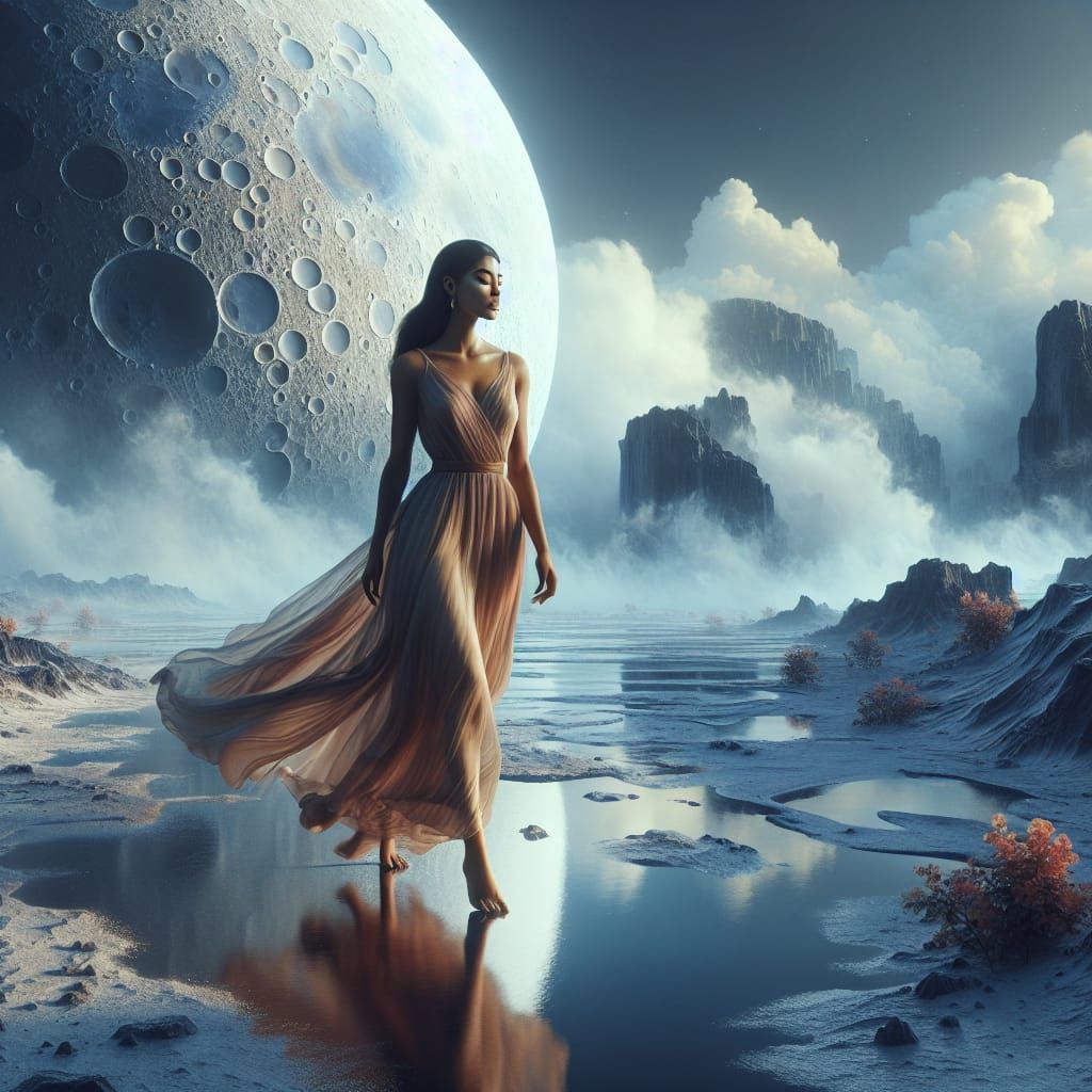 A Serene Hispanic Goddess Strolls Across the Moon in Vibrant...