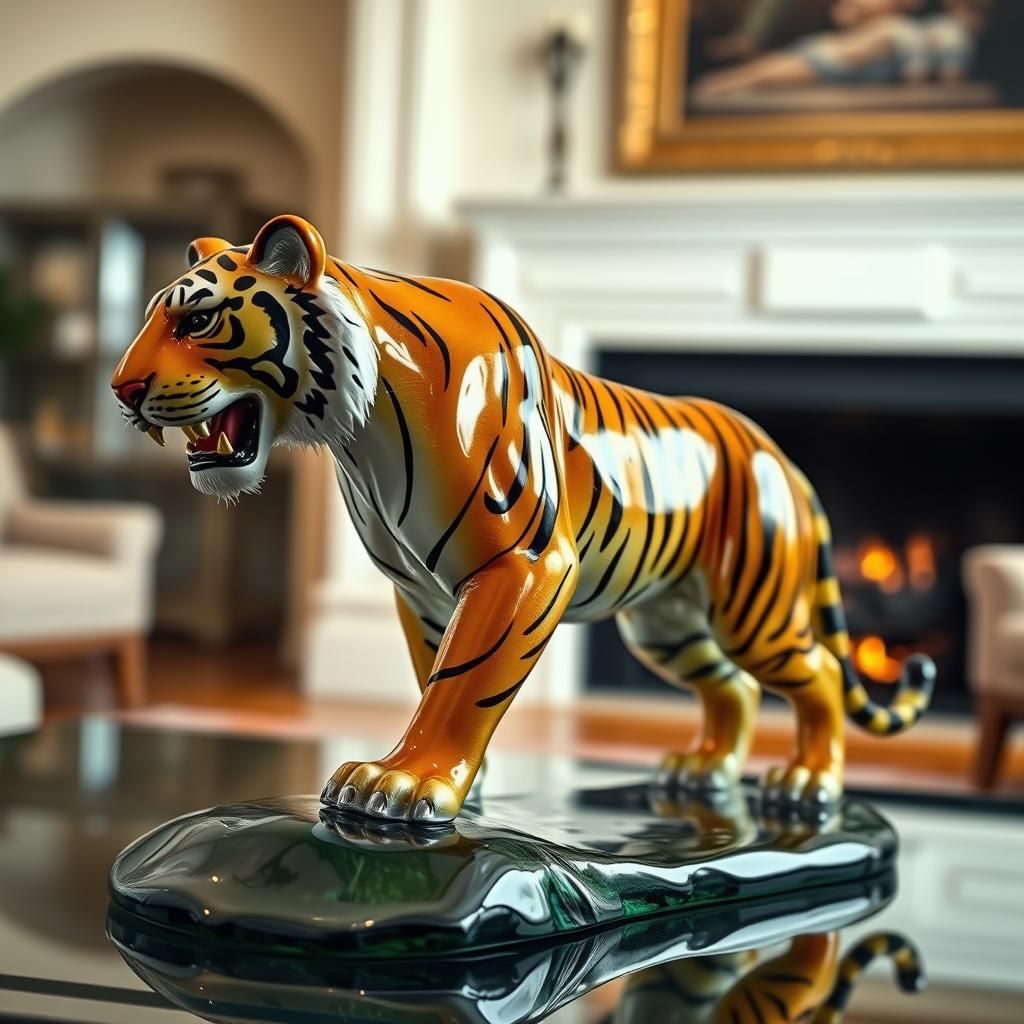 Enameled Glass Tiger Figurine in Luxurious Living Room