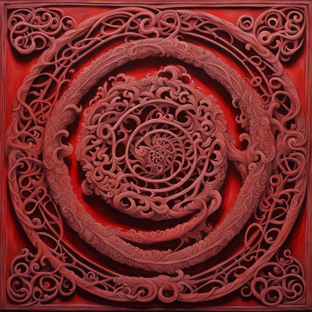 Red Filigree Chalk Art in Prehistoric Style