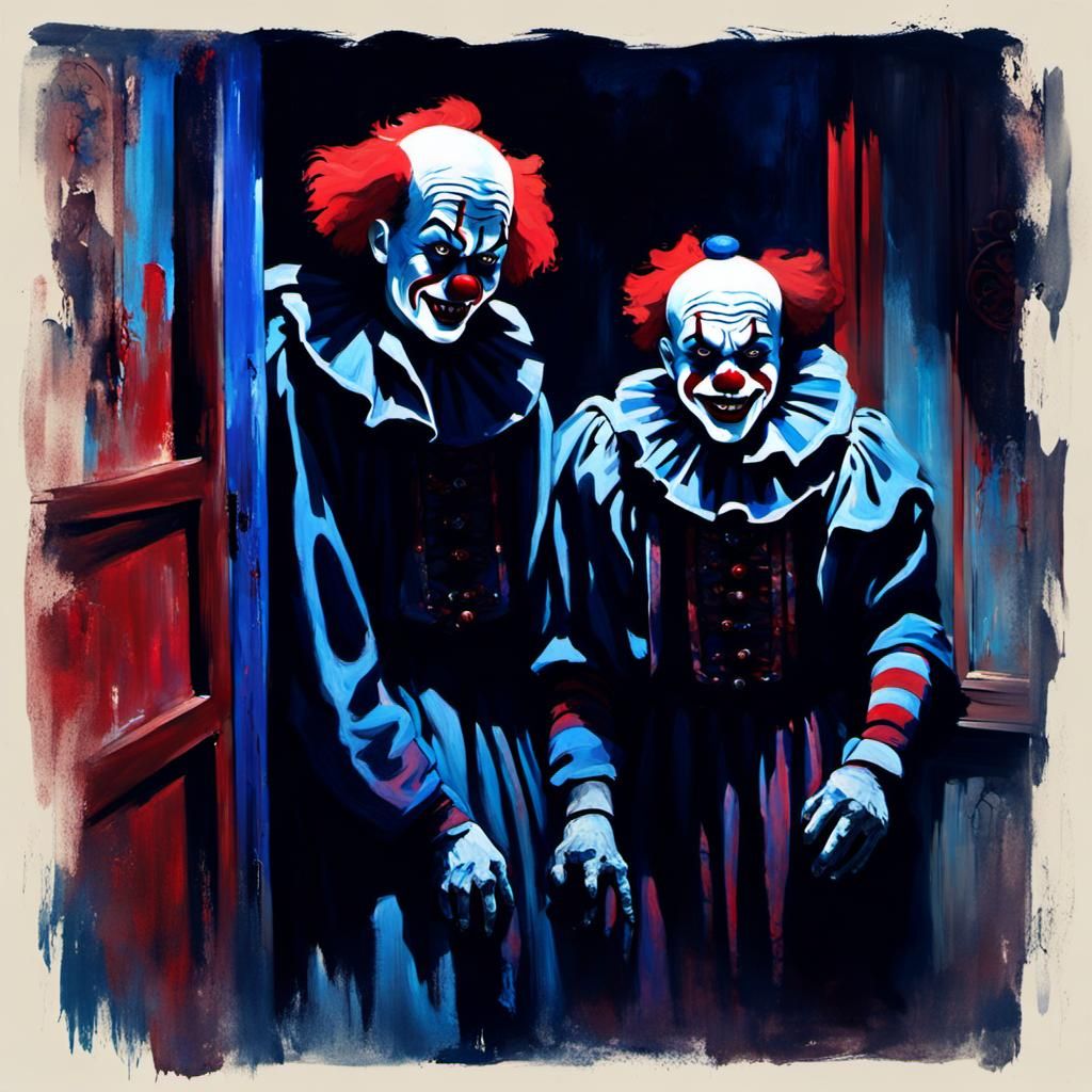 Expressionist Haunted House with Clowns in Oil Painting Styl...