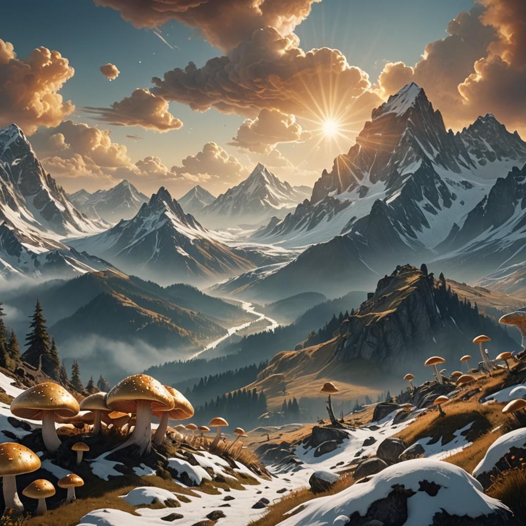 Giant Mushrooms Sprout on Snowy Mountains: Digital Matte Pai...
