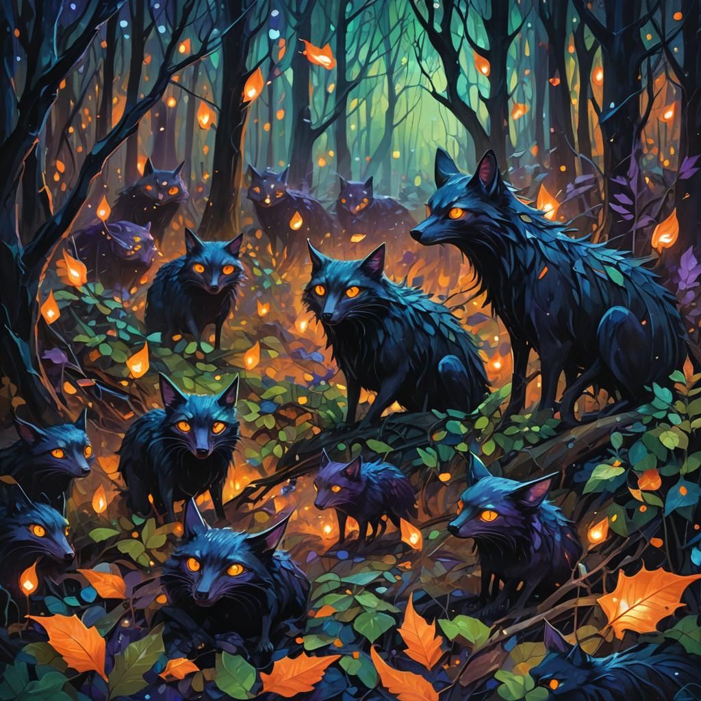 Nocturnal Creatures Swarm in Midnight Forest